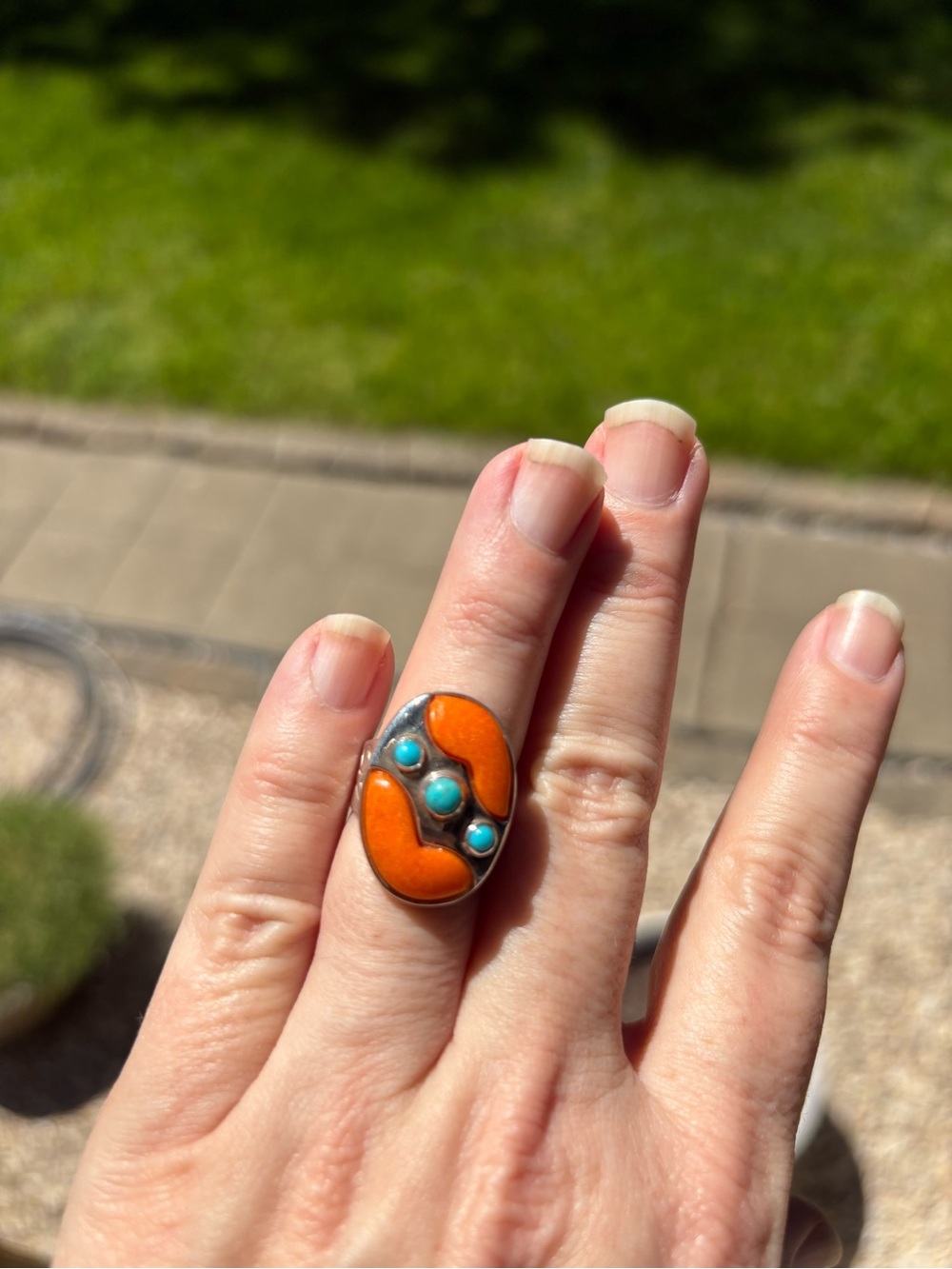 Jay King Sterling Silver & Orange Coral and Turquoise Oval Ring. Size 7 - Picture 6 of 15